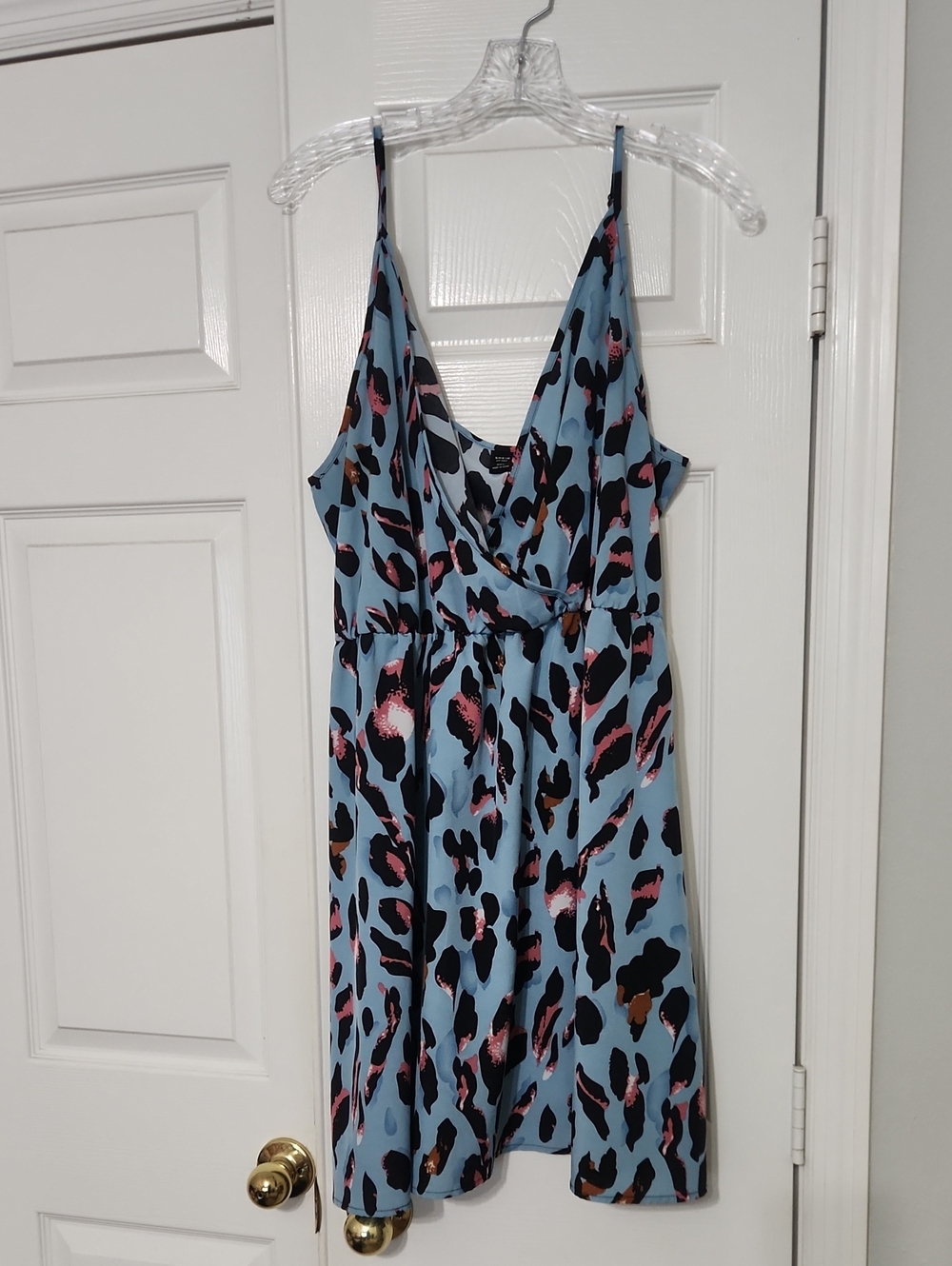 SHEIN Light Blue Leopard Print Slip Dress with Pink & Black Spots